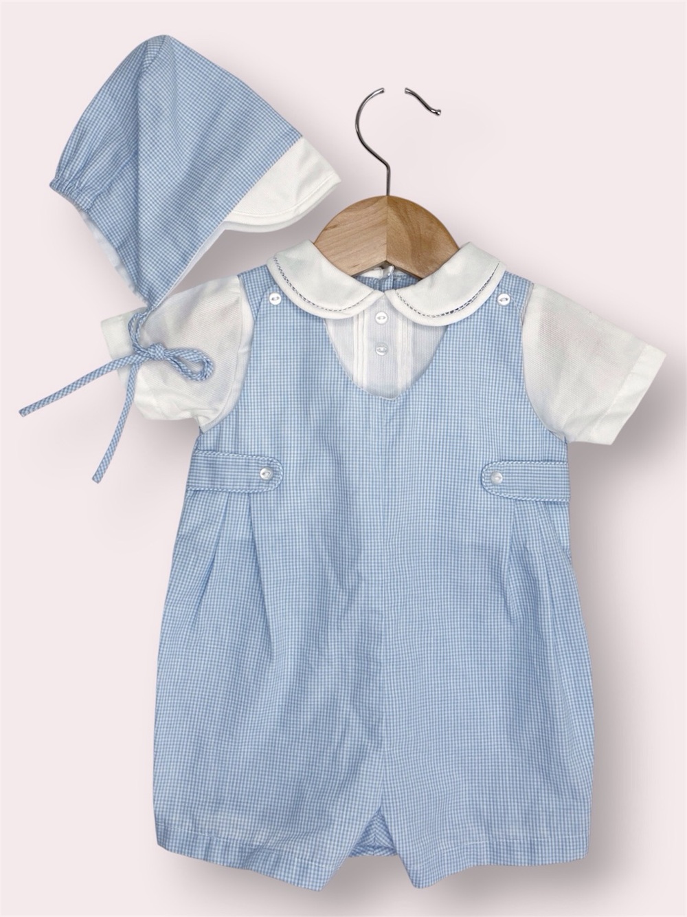 NWT Petit Ami one piece romper w/ hat blue and white gingham Jon Jon 3 months